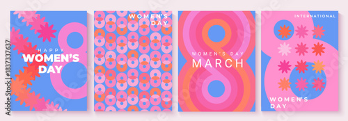 Set greetings cards and backgrounds for International Womens Day. Flyers for March 8 with patterns, flowers and number eight. Template for your design, web, banners, posters,social media, sales.Vector