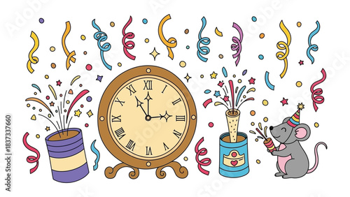 New Year Celebration: As the clock hands near the magical moment, a whimsical illustration captures the essence of a joyous celebration, with fireworks, confetti.