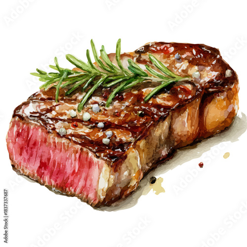 Watercolor painting of Steak, vector illustration, isolated on white background.