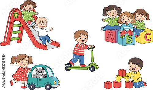Happy Little Children Playing Together Vector Set with Slide, Scooter, Toy Car, and Building Blocks for Kindergarten, Childhood, and Education Themes