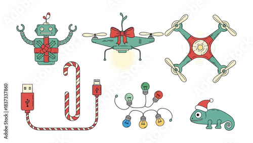 Festive Gadget Delight: An assortment of holiday-themed gadgets and electronics, creatively adorned with Christmas decorations and spirit. 