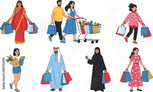 Diverse Group of People Shopping Vector Set Featuring Various Cultures and Clothing Styles Holding Bags and Pushing Carts for E-commerce, Retail, and Lifestyle Design.