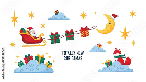 Santa's Christmas: A festive illustration of Santa Claus on his sleigh with gifts, accompanied by moon and stars. Symbolizing the magic and joy of the holiday season. 