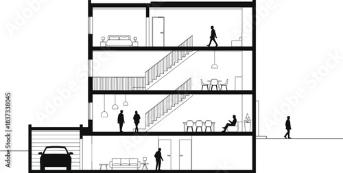 Architectural section drawing, multi-story building cut, interior layout, black and white vector, human scale, spatial design, elevation view