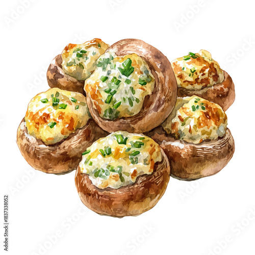 A watercolor painting of Stuffed Mushrooms, vector illustration on white background.