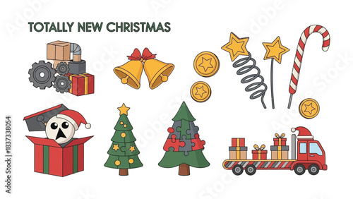 Whimsical Christmas Montage: A festive collection of holiday icons, from a decorated Christmas tree and gifts to cheerful bells, all depicted in a charming.