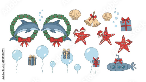 Underwater Christmas Elements: A delightful array of festive elements, featuring marine life and seasonal symbols, come together in a unique holiday celebration.