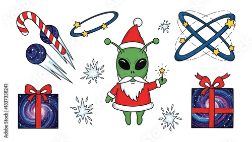 Interstellar Holiday Cheer: Whimsical illustrations blend cosmic elements with festive traditions, creating a unique celebration of the season. 