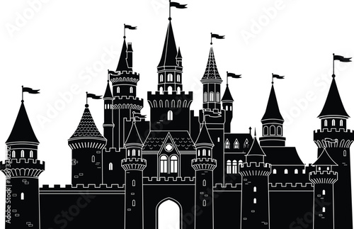 Castle silhouette, medieval tower, fantasy palace, royal architecture, fairy tale, black vector, turrets, flags, fortress, entrance, battlements, illustration