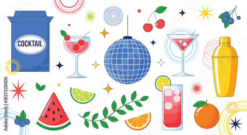 Vibrant Cocktail Party Vector Set with Disco Ball, Shaker, Fresh Fruits, and Drinks for Nightlife, Celebration, and Summer Menu Design.