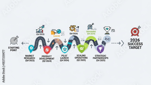 Business Roadmap: A visually dynamic infographic charting a path towards achieving business success. Highlighting strategic milestones.