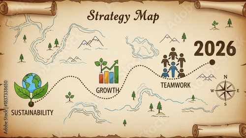 Strategic Roadmap: An illustrative, hand-drawn-style map guides the viewer through critical aspects of the future including themes such as sustainability, growth, and collaboration