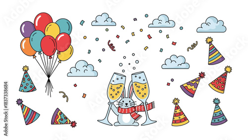 Festive Celebration: Cheerful illustrations create a festive scene with balloons, champagne glasses, party hats, and confetti, perfect for joyful celebrations.