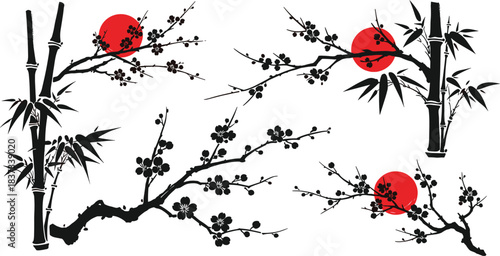 East Asian bamboo plum blossom silhouette, traditional nature art, red sun elements, vector illustration, cultural design, black ink style