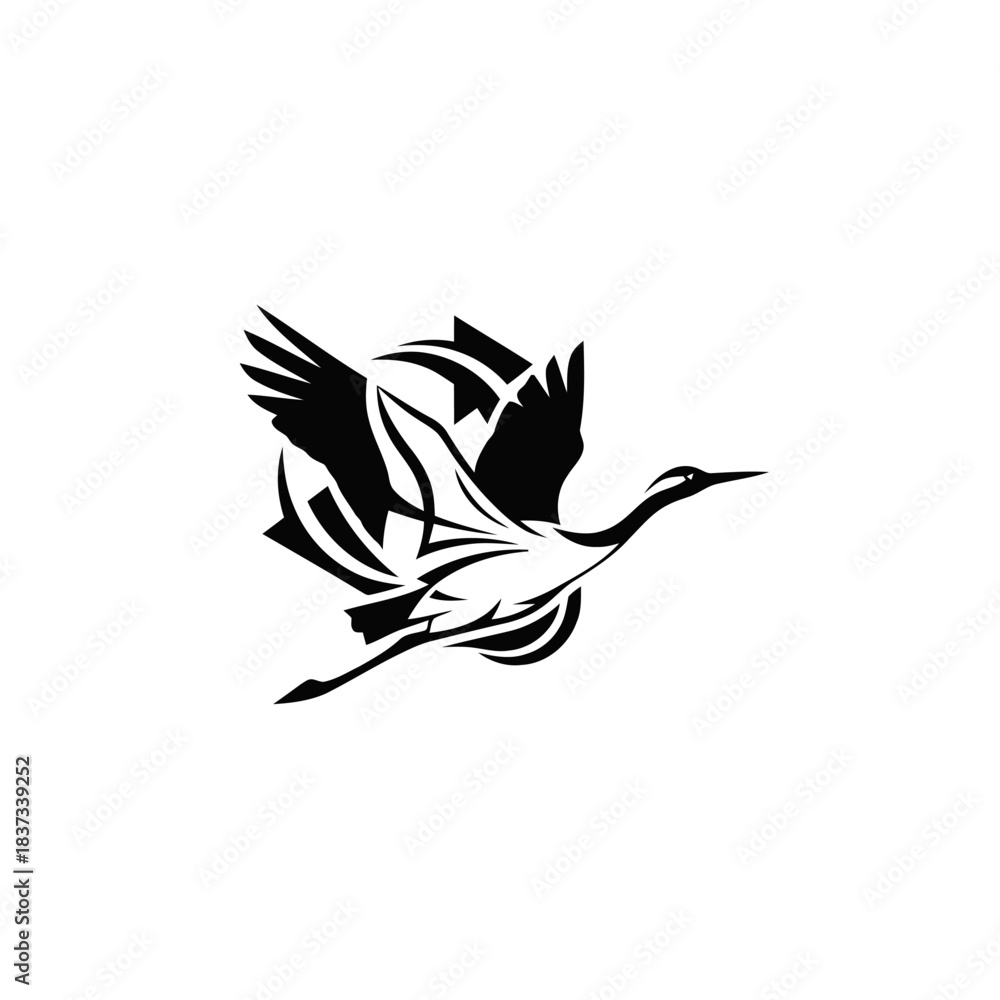 Fototapeta premium Elegant Black and White Crane Bird Flying with Abstract Geometric Design.