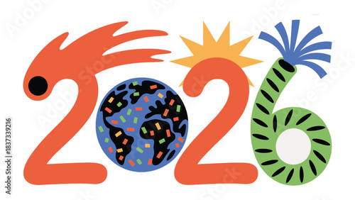 A Colorful Forecast for 2026: A vibrant and imaginative illustration heralding the year 2026, combining the number with elements of the earth and celebratory flair, creating a sense of optimism.