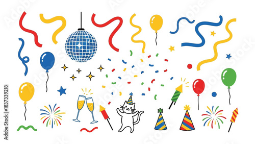 Festive Elements Illustration: A vibrant illustration showcasing a collection of celebratory elements, including colorful balloons, dazzling confetti, elegant streamers, and party hats.