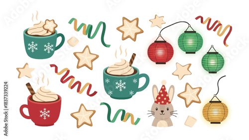 Festive Delight: A collection of festive elements featuring steaming mugs, star-shaped cookies, lanterns, ribbons, and a charming bunny, evoking a sense of warmth and celebration. 