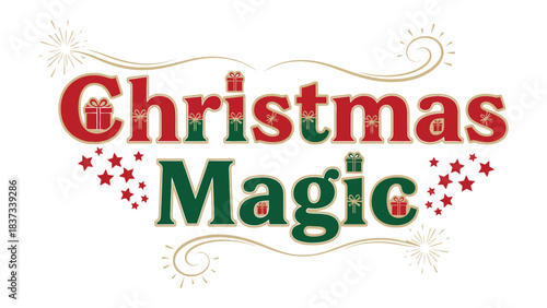 Christmas Magic Typography: A whimsical typography arrangement conjures the spirit of Christmas. with the word magic artfully incorporated, evoking a festive, heartwarming mood.