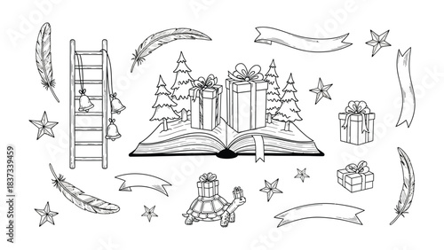 Christmas Fairytale: An open storybook springs to life, revealing a miniature winter wonderland filled with gifts, a ladder, stars and ribbons. It's a whimsical, imaginative holiday scene for stories.