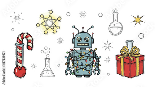 Holiday Robotics: A festive robot is adorned with string lights, embodying a fusion of technology and holiday cheer. Playful illustrations, including a candy cane, snowflakes, gift box.
