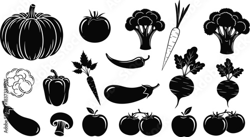 Fruit silhouette, vegetable icon, healthy food, black outline, nutrition clipart, organic produce, farm graphic, edible shape, vector set, illustration