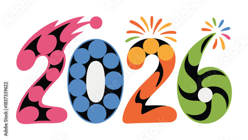Year 2026 Celebration: A vibrant and colorful design spells out the year 2026, using playful fonts and celebratory motifs, inviting viewers to welcome new year.