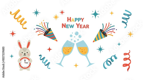 New Year Celebration Illustration: A colorful and festive illustration celebrating the New Year. featuring a rabbit holding a clock, champagne glasses, confetti, and party poppers.

