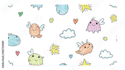 Whimsical World: A cheerful illustration of friendly creatures, stars, hearts, and clouds create a delightful pattern filled with charm and enchantment. 