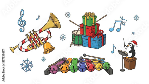 Festive Musical Harmony: A cheerful ensemble of musical instruments and gifts, set against a backdrop of snowflakes, with a penguin conductor, creating a symphony of joy and celebration.