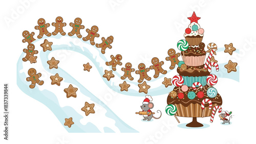 Gingerbread Fantasy: A whimsical illustration of a festive scene with gingerbread cookies marching along a snowy path towards a decorated cake
