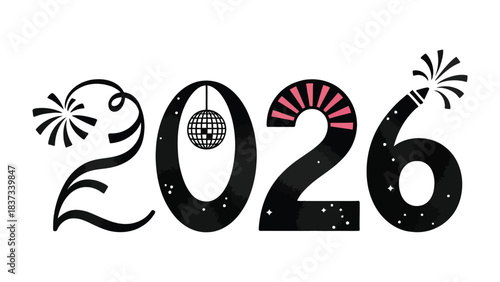 2026 Celebration: A vibrant illustration showcasing the year 2026, complete with celebratory elements like fireworks, and a disco ball, capturing the spirit of future festivities.