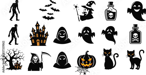 Halloween icons, spooky clipart, zombie vector, ghost silhouette, haunted house, grim reaper, black cat, bats, wizard, potion bottles, scary tree