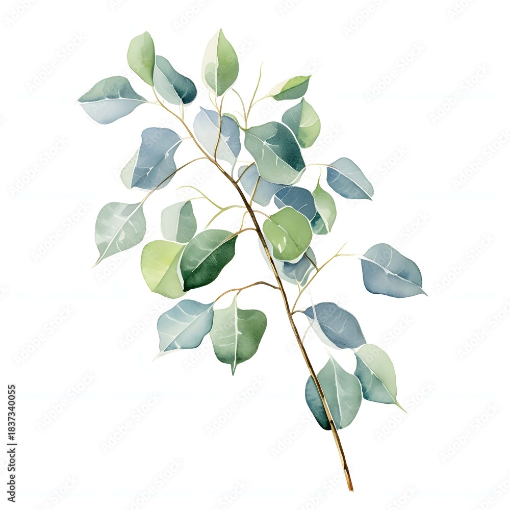 Obraz premium Elegant eucalyptus branch in soft watercolor shades on white background
