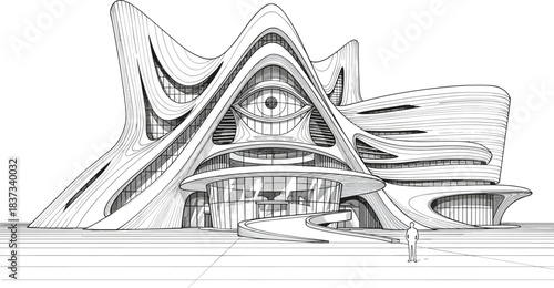 Futuristic building silhouette, modern architecture, conceptual design, abstract structure, organic form, symmetrical facade, vector illustration, black shape, creative style