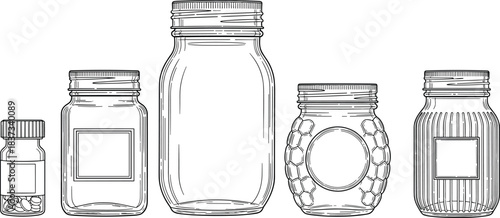 Glass Jar Vector Set – Assorted Shapes and Lid Styles for Packaging, Storage, Product Design, and Container Illustration