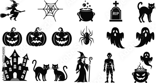 Halloween silhouette, spooky icons, witch flying, haunted house, ghost figure, jack-o'-lantern, zombie, spider web, black cat, grave, cauldron