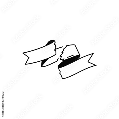 Broken ribbon banner hand drawn doodle illustration.