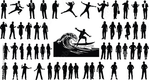 Human silhouette, people poses, business suit, casual wear, jumping figure, dancing icon, surfing person, black outline, vector clipart, motion