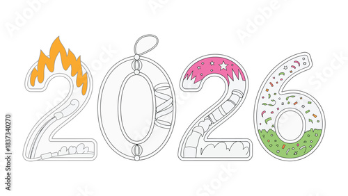 The Unique New Year's: 2026 illuminated as a number art, each numeral adorned with vibrant illustrations, signifying the arrival of the future in a creative celebration.