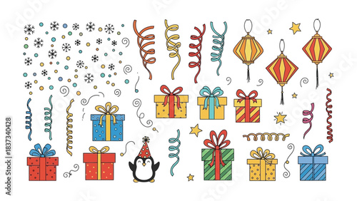 Celebratory Assemblage: A vibrant collection of celebratory elements, including gift box and a penguin and festive decorations creating a joyful atmosphere for a holiday or special occasion.