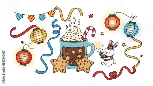 Festive Delights: A whimsical illustration showcases a charming collection of celebratory elements, including a warm cup of cocoa, decorative lanterns, delightful cookies, and a playful rabbit.