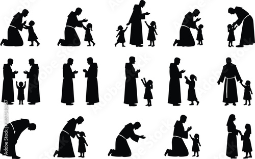 Monk and child silhouette, spiritual guidance, religious teaching, black vector illustration, emotional bond, peaceful moment, cultural scene, nurturing relationship