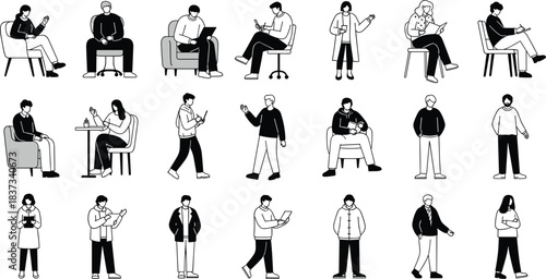 People silhouette collection, everyday activities, black vector icons, lifestyle poses, professional and casual scenes, illustration set, human interaction design