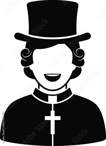 Clergy Priest or Vicar Vector Icon. Black and White Outline Drawing of a Historical Figure with Top Hat.