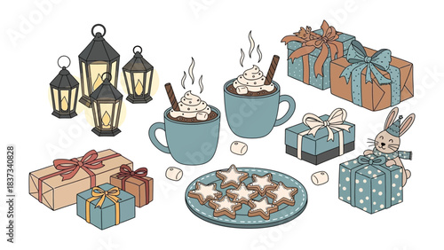 Festive Delights: Cozy winter illustration filled with Christmas presents, hot chocolate mugs, lanterns, and star cookies, capturing the essence of holiday warmth and cheer.