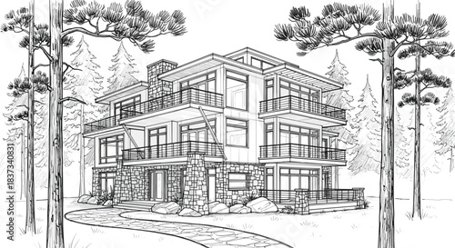 Modern house sketch, forest architecture, multi-story building, large windows, balcony design, pine trees, stone path, nature home, black outline, vector