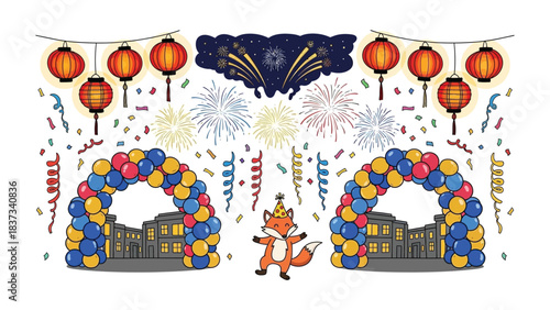 Joyful Festive Gathering: An animated scene with cheerful fox surrounded by the decorations and fireworks, perfect for celebration and good cheer.