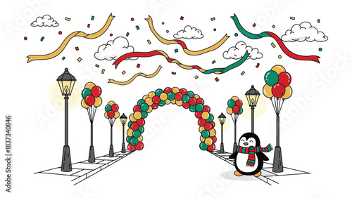 Festive Pathway Illustration: A whimsical illustration depicts a joyous pathway, adorned with vibrant balloons, celebratory ribbons, and delightful penguin.