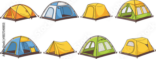 Collection of eight colorful camping tents in various shapes and styles for outdoor adventure, travel gear, and nature vector design